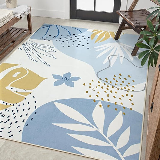 Lahome Boho Machine Washable 6x9 Area Rug for Living Room - Non-Slip Ultra-Thin Soft Bedroom Carpet, Botanical Print Indoor Rugs for Dining Room Classroom Nursery Office, Blue