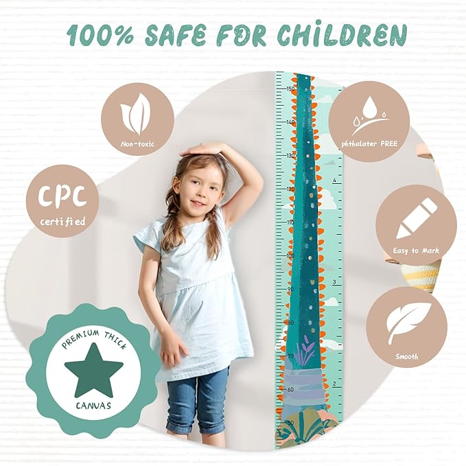 Personalized Name Growth Chart for Kids, Cute Dinosaur Baby Height Chart, Canvas Height Measuring Rulers for Boys Girls, Nursery Decor Baby Boy Girl Growth Ruler Measuring Board