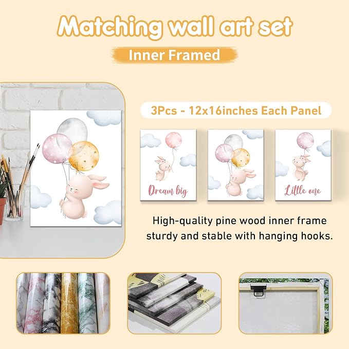 Personalized Baby Crib Bedding Set, 5 Pcs Custom Name Baby Crib Set with Double Layer Blanket, Soft Balloon Bunny Nursery Bedding Set for Girls Boys, Customized Gifts for Infants Toddlers