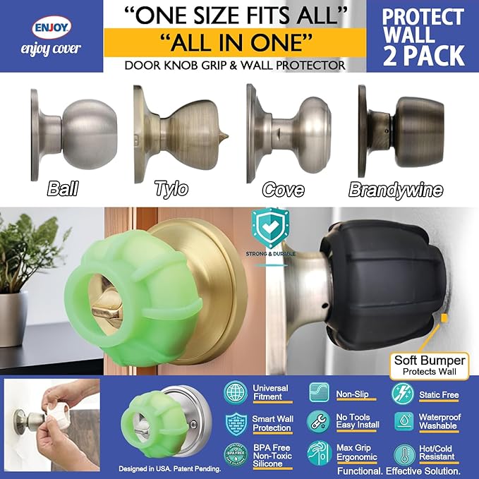 Door Handle Grip Doorstop Knob Stopper Cover, Set of 2 Door Knob Grips Universal Size (Neon Green)