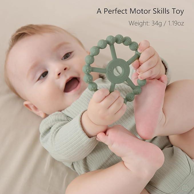 3 Pack Ring Teether Baby Infant Toys, Baby Essentials, Silicone Teething Ring Toys for Babies 0-6 Months, Seposeve Toddler Teethers 6-12 Months 12-24 Months, Infant Teething Relief, Brown Green Blue