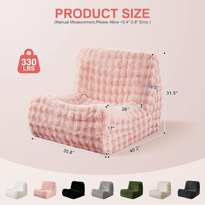 Modern Bean Bag Chair, Large Bean Bag Couch for Adults with Memory Foam Filled, Soft Faux Bunny Fur Lazy Chair for Living Room Bedroom Dorm Apartment, No Assembly Required, Pink