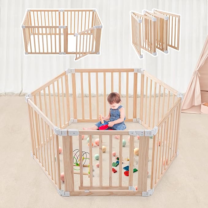 Foldable Wooden Playpen,Large Baby Gate Playpen with Child-Proof Lock-Easy Assembly, Portable Design for Babies & Toddlers- Shape& Size Adjustable Baby Fence Play Area(Wood, 6 Panel)