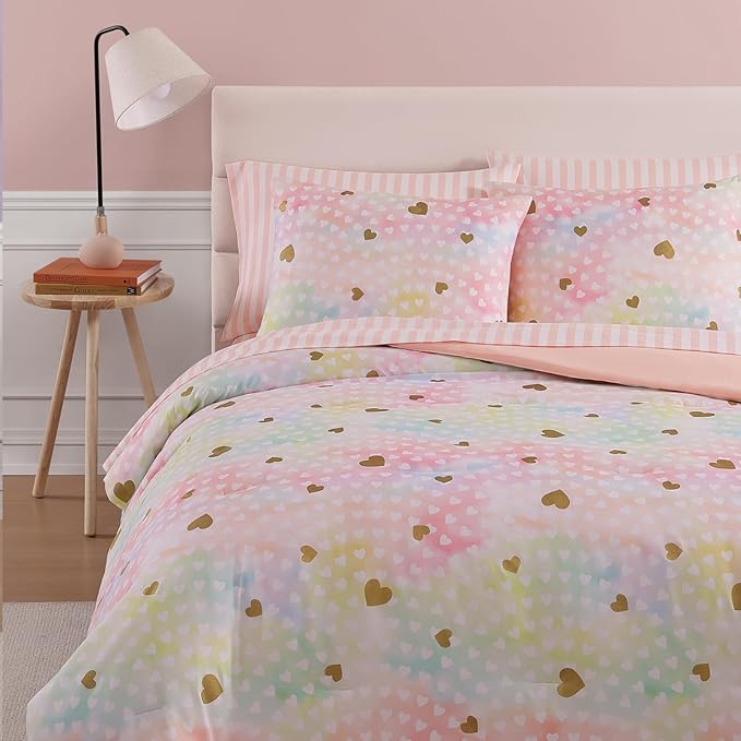 Full Size Comforter Sets with Sheets for Girls-7 Pieces Full Size Bedding Sets with Pink Comforter, Sheets, Pillowcases & Shams for Kids (Colorful Gold Heart, 76" X 86")