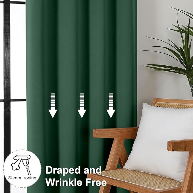 Simplebrand Ava Blackout Curtains for Patio 108 Inches Long 2 Panels Set, Solid Thermal Insulated Room Darkening Rod Pocket Window Treatment Curtains Blackout Drapes, W50 x L108 Inch, Ever Green
