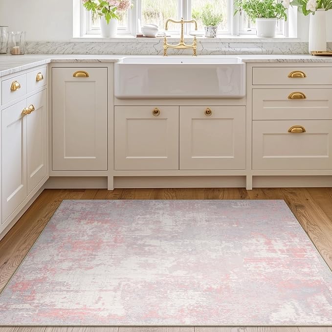 Washable Area Rugs 3'x5' Non-Slip Modern Abstract Soft for Living Room Entryway Bedroom Nursery, Print Pattern, Grey Pink