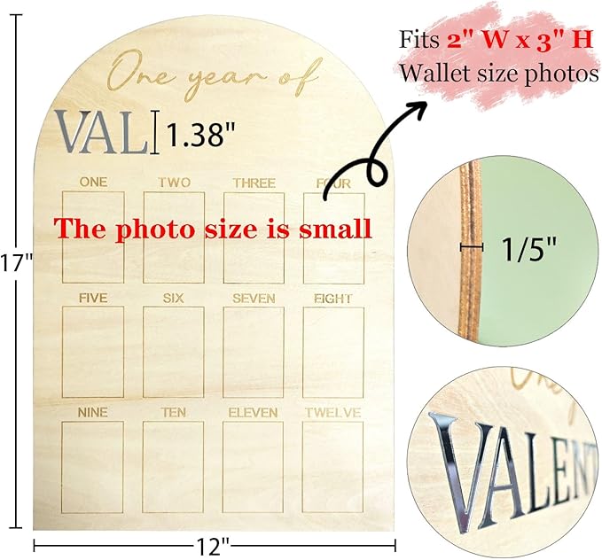 One Year Of Photo Board My First Year Milestone Board 12 Monthly Picture Frame Baby's First Year Wood Photo Board Acrylic Mirror Letters 1st Birthday Decoration Baby Keepsake Gift (2" x 3" photos - Wallet Size)