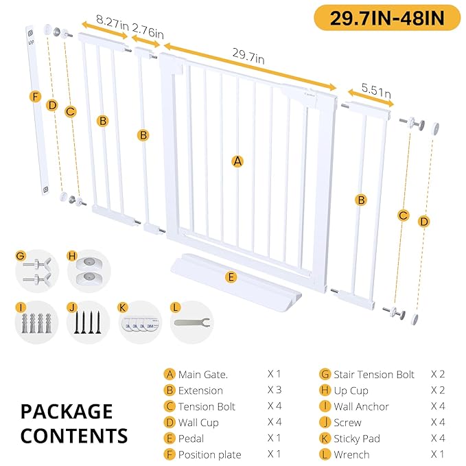 Cumbor 29.7-48" Baby Gate for Stairs, Mom's Choice Awards Winner-Dog Gates for Doorways, Auto Close Safety Pet Gate for Dogs Indoor, Easy Install Pressure Mounted Child Gate with Walk Thru Door, White