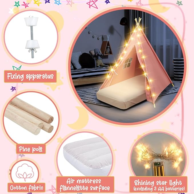 2 Pack Kids Teepee Tent with Mattress,Fitted Sheet,Light String,Washable Natural Cotton Toddler Play Tent for Girls Boys Indoor Outdoor Sleepover Slumber Birthday Party(Pink)