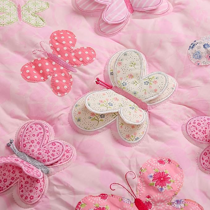 7 PCs Pink Embroidery Butterfly Nursery Crib Bedding Set 100% Cotton Baby Girl 3D Butterfly Themed Cot Bedding Set 1 Quilt, 2 Fitted Sheet, 1 Window Valance, 3 Butterfly Shaped Wall Decor