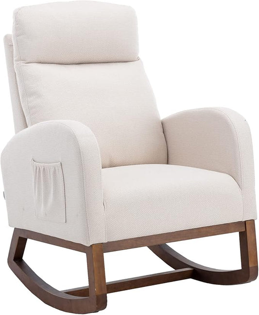 Dolonm Nursery Rocking Chair for Living Room, Upholstered Mid-Century Modern Nursery Rocking Armchair Tall Back Accent Glider Rocker, Beige