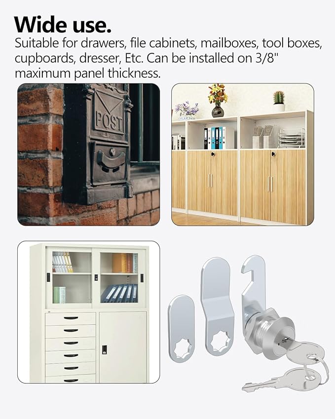 8 Packs Drawer and Cabinet Locks (Keyed Different) Secure Important Files, 5/8Inch 16mm Cam Locks with 3 pcs Different Lock Plates for Cabinet Cupboard File Drawer Mailbox Dresser Kitchen