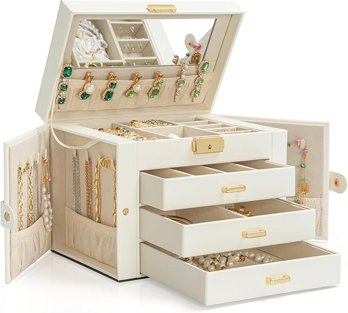 AKOZLIN Large 4-Tier Jewelry Box Leather Jewelry Storage Organizer with 3 Drawers Lockable for Women Girls Ring Necklace Earring Bracelet Watches Holder with Mirror White