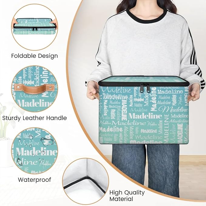Custom Storage Basket with Name, Personalized Storage Bins with Zipper Lid, Foldable Fabric Storage Box Large capacity with Handle Grey Blue Green