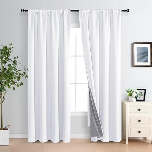 XWZO 100% Blackout Curtains 2 Panels with Tiebacks- Heat and Full Light Blocking Window Treatment with Black Liner for Bedroom/Nursery, Rod Pocket，White, W52 x L84 Inches Long, Set of 2