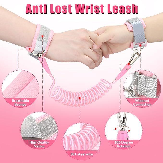 Toddlers Leash + Anti Lost Wrist Link Child Kids Safety Harness Kids Walking Wristband Assistant Strap Belt for Girl Pink Christmas Gift (PINK2)