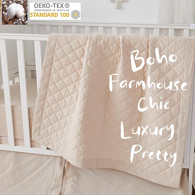 Brandream Baby Crib Bedding Sets for Girls Boys Gender Neutral Boho Bohemian Farmhouse Chic Classic Quilted Plaid 6-Piece Nursery Bedding Set - 100% Washed Cotton Beige