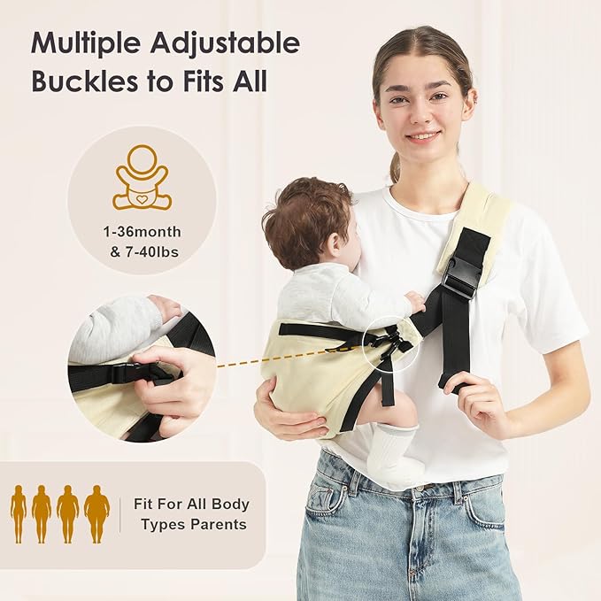 Toddler Sling Carrier, Easy to Wear Baby Carrier Sling 7-40 lbs, Adjustable Lightweight Baby Wrap Sling, Perfect Toddler Hip Carriers One Size Fits All, Beige