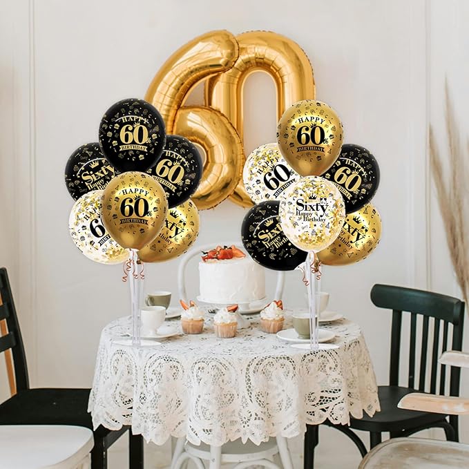 TONIFUL 4 Set Black Gold Balloon Stand Kit for Birthday Decorations for 60th,Balloon Centerpieces for Table Party Decorations Cheers to 60 Years Old Birthday for Men and Women