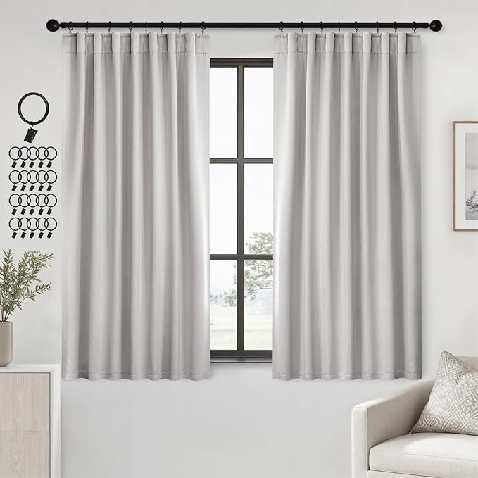 ANRODUO Back Tab Blackout Curtains for Bedroom Living Room, Rod Pocket Pinch Pleated Thermal Insulated Room Darkening Curtains 63 Inches Long 2 Panels, Greyish White, 42 x 63 Inch