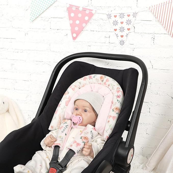 Baby Car Seat Head Support for Newborn, GFU 2 in 1 Infant Car Seat Head Body Support with Strap Pads, Soft Stroller Cushion Pillow Insert for Girls, Fits for Stroller, Swing, Pink Floral
