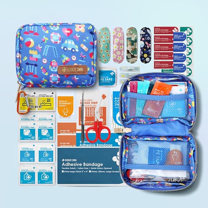 EVERLIT Mini Rescue Pack | 105 Medical Essentials Organized in Portable Storage Bag | Pocket Size Kids First Aid Kit with D Ring | Small Family-Friendly Travel Medical Kit (Playground)