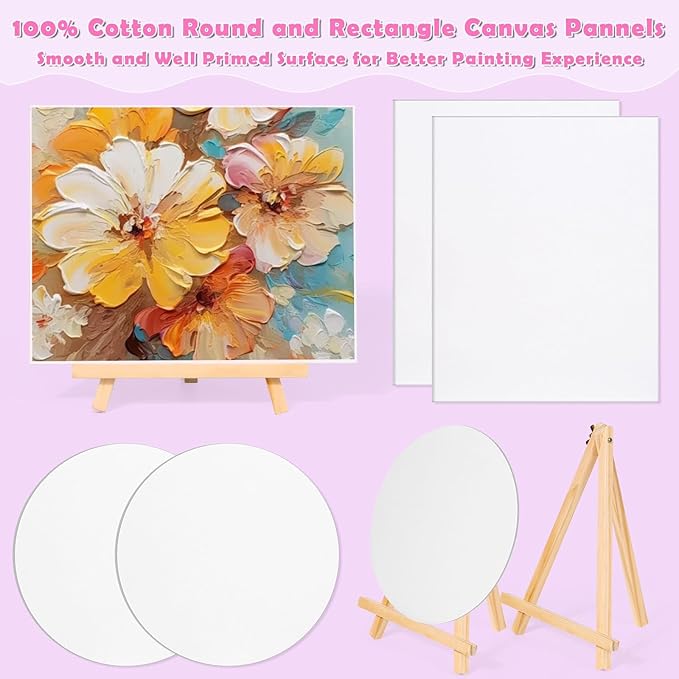 Date Night Painting Kit, 62 Pcs Detail Paint Brushes Canvas Panels with Wood Easel 12 Colors Acrylic Paint, Circular Canvas Art Aprons Sip and Paint Supplies for Adults, Kids, and Beginner