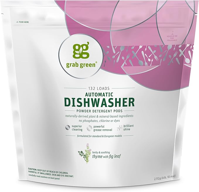 Grab Green Automatic Dishwashing Detergent Pods, 132 Count, Thyme Fig Leaf Scent, Plant and Mineral Based, Superior Cleaning, Powerful Grease Removal,