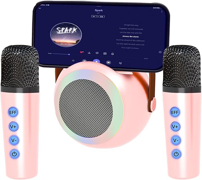 YF96 Mini Karaoke Machine for Kids - Built-in Phone Holder, Portable KTV Microphone Speaker, 7 Fun Sound Effects, Bluetooth, Type-C Charging, Perfect for Family Singing Pink