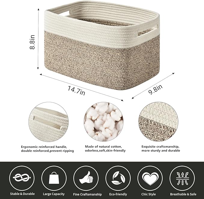 Storage Basket,Woven Baskets for Storage,Cotton Rope Baskets for Organizing,book Basket,towel,Toy Basket or Storage Bins for Living Room - 3 Pack,Brown