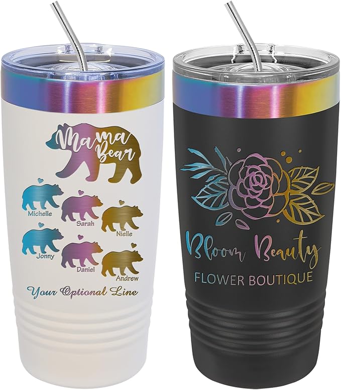 iProductsUS Personalized Tumblers with Lid and Straw, 20oz ION-Plated Stainless Steel Engraved Custom Cup with Name Text, Customized Mothers Day Gifts for Mom, Her, Christmas Birthday (Prism Colors)