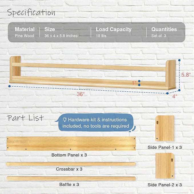 Upgraded Wooden Wall Bookshelf for Kids Books, Large Nursery Floating Shelves for Kids Bedroom, Natural Wood Wall Bookshelves for Teens Toddlers Living Room Decor (36 Inch Long 3-Pack)