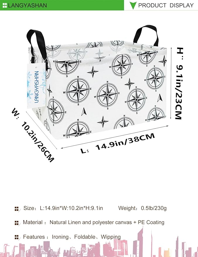 LANGYASHAN Rectangular Storage Bin Collapse Canvas Fabric Cartoon Storage Basket with Handles for Organizing Home Kitchen Boys and Girls Toys Office Closet Shelf Baskets (Rec Black Compass)