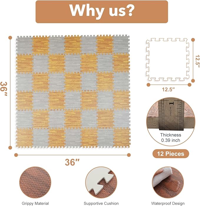 Skyweaver 12 Tiles Soft Non-Toxic Baby Play Mat for Floor EVA Foam Jigsaw Puzzle Play Mat, Interlocking Squares with 0.6inch for Babies, Toddlers & Kids Gym, Nursery, Playroom, Light Brown