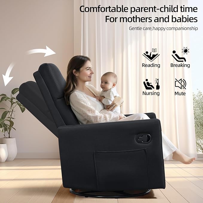 Swivel Rocker Recliner Chairs Set of 2, Upholstered Fabric Nursery Rocking Glider Chair with Adjustable Backrest and Footrest, Lay Flat Recliner Single Lazy Sofa for Living Room(Black)