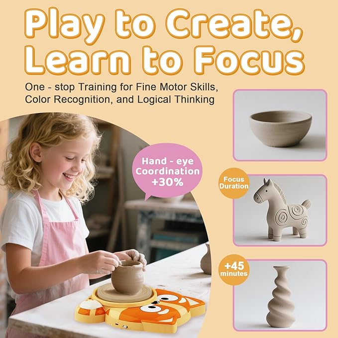 Pottery Wheel for Kids - Complete Pottery Tools Kit for Beginners, Arts and Crafts for Kids Ages 8-12 with 3 Pack Air Dry Clay, Mini Clay Making Pottery Wheel with Foot Pedal (Dog, Patented)