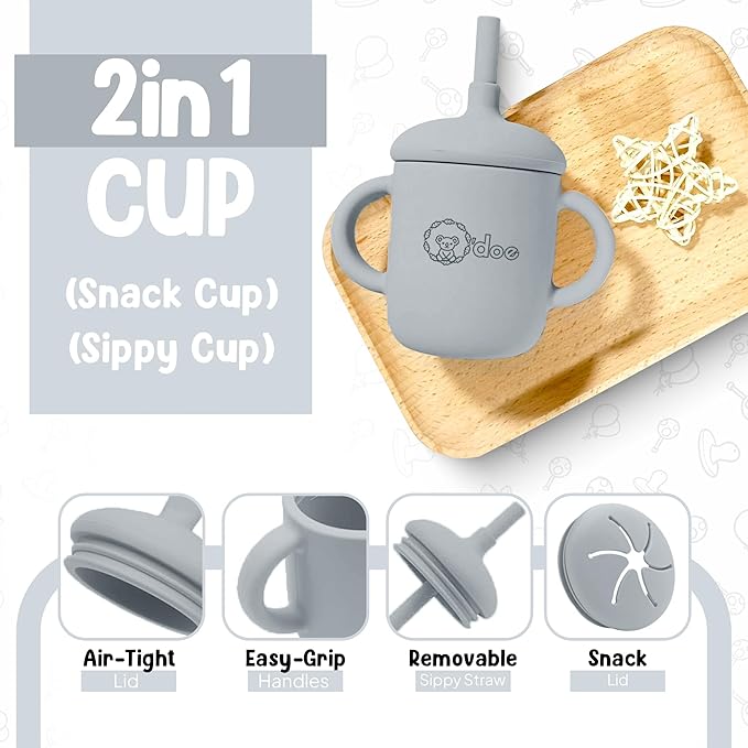 O'doe 11-Piece BPA-Free Silicone Baby Feeding Set | Thick & Soft Suction Plates, Baby Bowls, Wooden Fork & Spoon, and More | Make Mealtime Fun and Easy for Your Little One (Grey, V1)