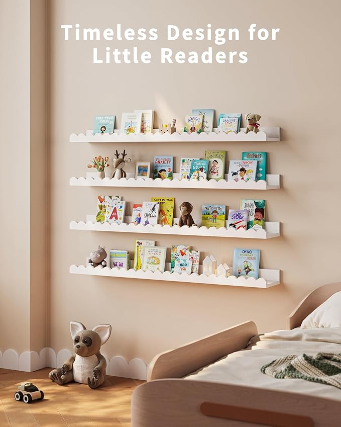 Nursery Book Shelves, 4-Pack White Floating Shelves for Wall Kids, Scalloped Shelves, Wall Book Shelves for Bedroom Kids, Toddler Room, Baby Room, Nursery Decor (White, 36 Inches)
