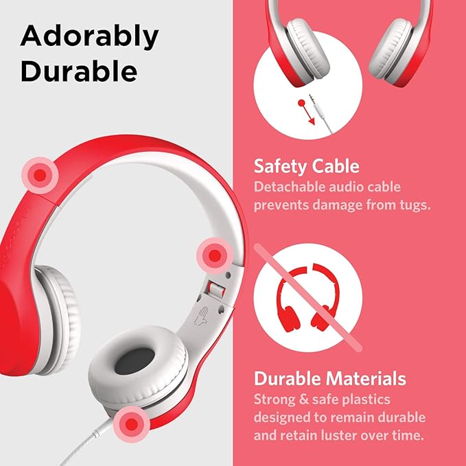 LilGadgets Connect+ Wired Kids Headphones for School with Mic, Volume Limited & Noise Reduction, On-Ear Headset with Cord, SharePort Technology for Multiple Kids & SoftTouch Padding, Red