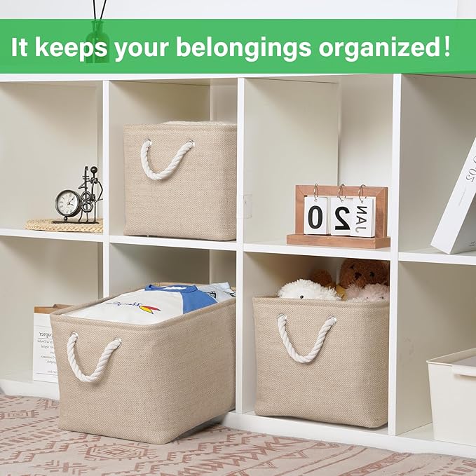 Bidtakay Large Storage Baskets for Shelves 3 Pack Fabric Storage Bins for Organizing Linen Collapsible Organizer for Closet-Flaxen