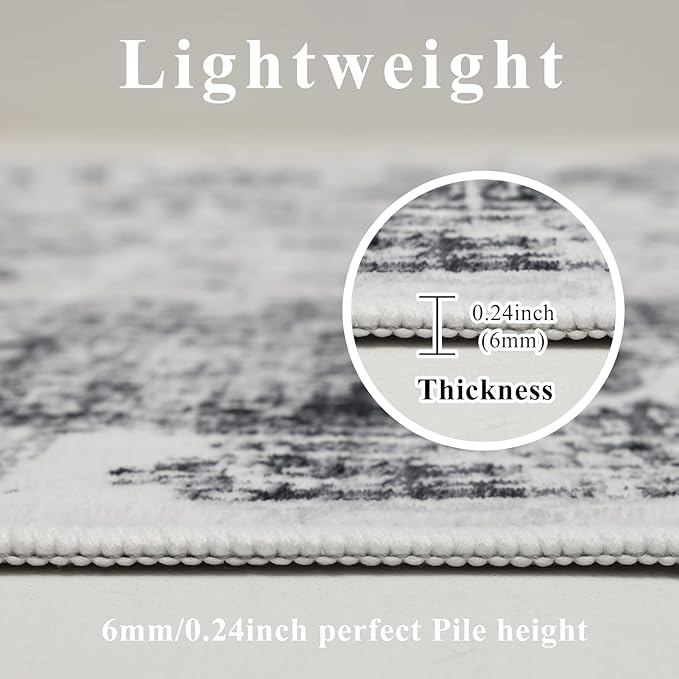 Washable Area Rugs 8x10, Large Rugs for Living Room, Carpet for Bedroom, Soft Faux Wool Retro Dining Room Rug, Non-Slip Backing Resistant Low Pile Vintage Print Rug for Home Office (White/Grey)