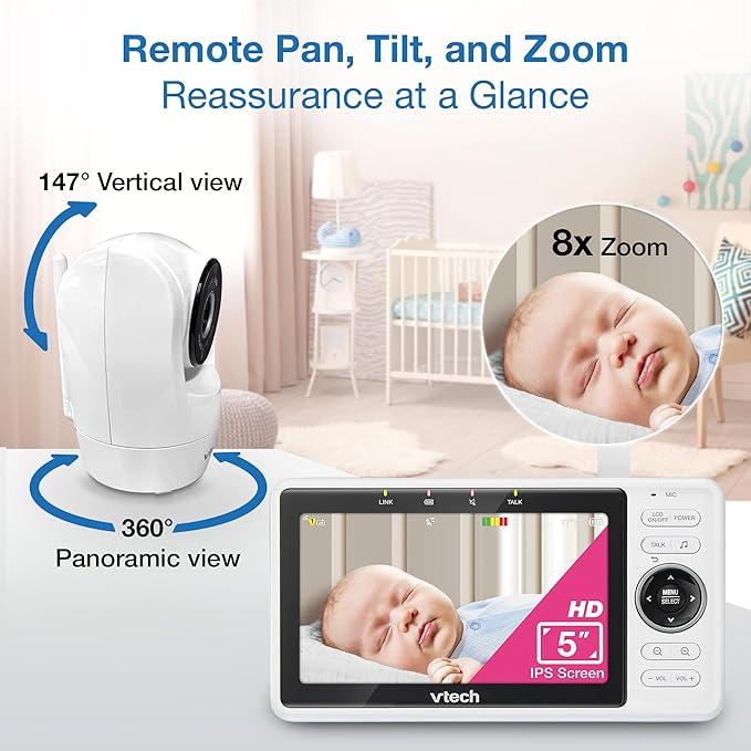 VTech 2-Cameras Smart WiFi Baby Monitor with 1080p FHD Camera and 5" HD IPS Screen, Free App with Motion Video, Sound/Motion Detection and Notifications, Split-Screen, Pan-Tilt-Zoom: VM901-2HD