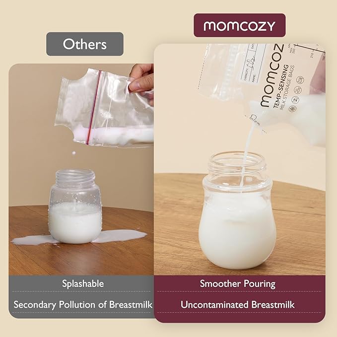 Momcozy Easy Pour Breastmilk Storage Bag, 8Oz, Temp-Sensing Color Change, 200 Count Milk Bag with Self Standing for Breastfeeding, No Leak Presterilized for Freezer, Recyclable & BPA Free