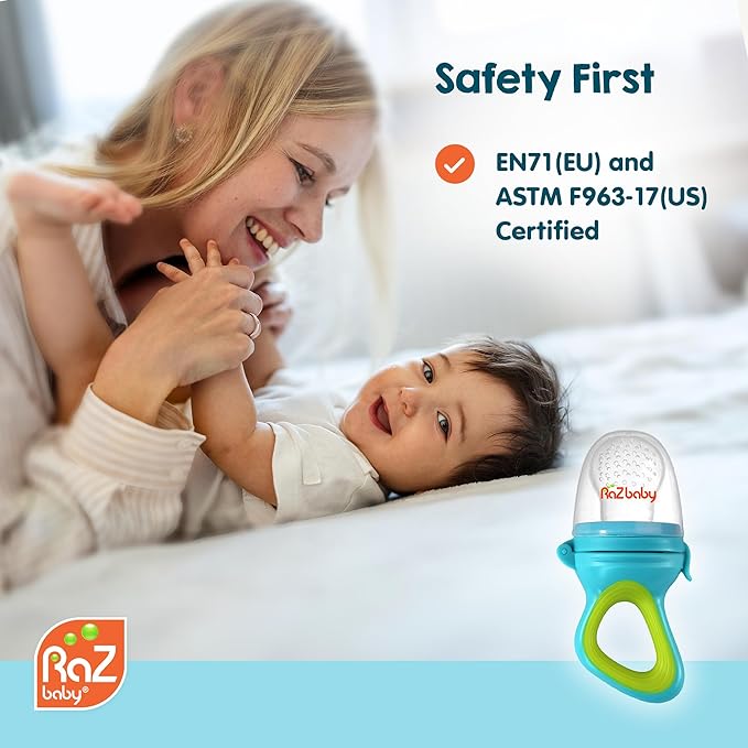 RaZbaby Baby Solids/Frozen Fruit Feeder Pacifier, Infant Teether Toy 6M+, BPA-Free Silicone Pouch & Nipple, Safely Introduce Solids, Natural Teething Relief, Dishwasher Safe, Freezable – Orange/Blue