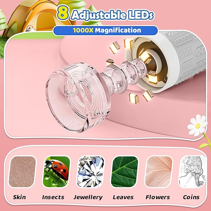 Microscope for Kids, 2'' Digital Handheld Kids Microscope with Adjustable Light, 1000X 1080P Pocket Portable Mini Micro Scope, Stem Toys for Ages 5-7 8-12 Teen Boys and Girls Educational Gifts, White