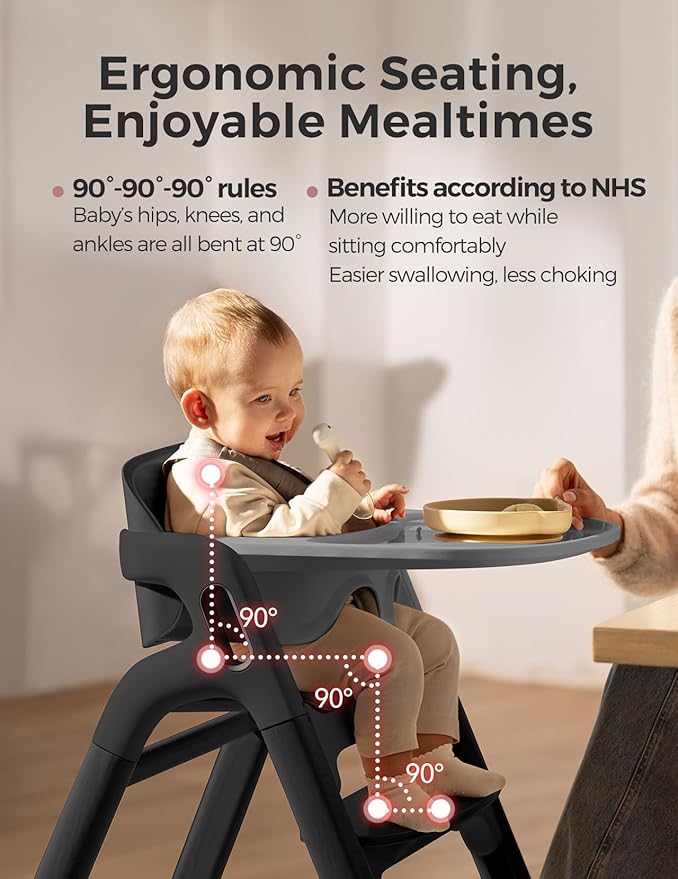 Momcozy DinerPal Wooden High Chair for Babies, Toddlers & Adults Up to 308 Lbs, Convertible Baby Highchair with Food-Grade Tray, Dishwasher-Safe, Adjustable & Ergonomic, Midnight Black