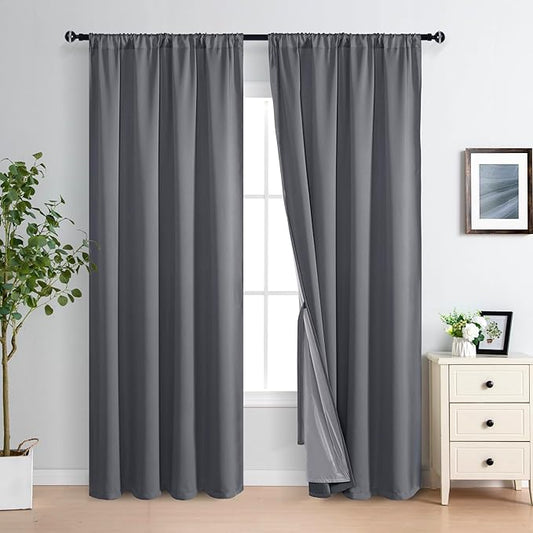 XWZO 100% Blackout Curtain Panels - Rod Pocket Thermal Insulated Black Liner, Noise Reducing and Heat Blocking Drapes for Hall and Studio Windows with Tiebacks, Dark Grey, W60 x L84, Set of 2