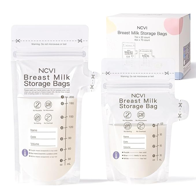 NCVI 4+7 oz Breastmilk Storage Bag Freezer for 0-3 Months, Breast Milk Feeding Bag with Temp-Sensing, Doubled-Sealed, Self Standing, Easy Pour Spout, BPA-Free, 4oz(70count)+7oz(30count)