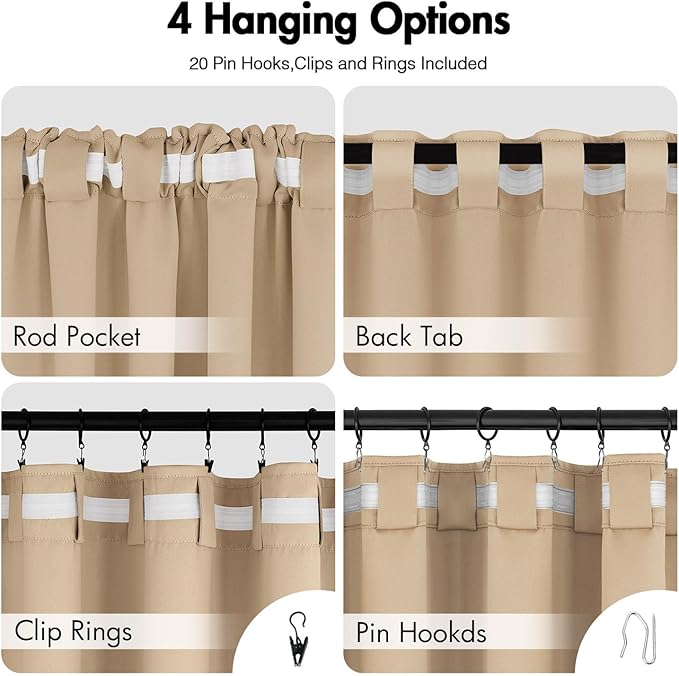 ANRODUO Back Tab Blackout Curtains for Bedroom Living Room, Rod Pocket Pinch Pleated Thermal Insulated Room Darkening Curtains 96 Inches Long 2 Panels, Beige, 42 x 96 Inch