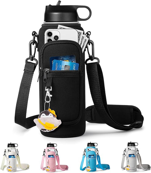 Water Bottle Holder with Strap for Hydroflask 32oz 40oz, Carrier Sling Bag with Phone Pocket Sleeve for Men Women Hiking Camping Travelling（black24/32oz）